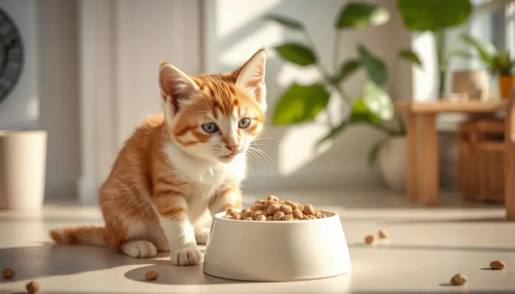 A healthy kitten eating wet kitten food from a colorful bowl in a cozy home setting.