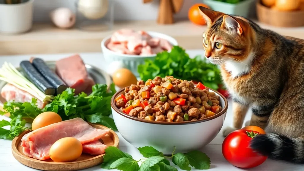 A bright kitchen scene featuring a fresh bowl of homemade cat food surrounded by ingredients like chicken, fish, organ meats, and leafy greens. A curious, healthy tabby cat sits nearby, watching with interest.