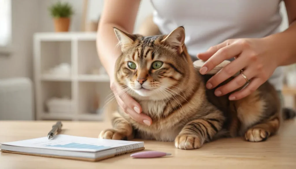 A healthy cat being groomed while health metrics are tracked in a notebook.