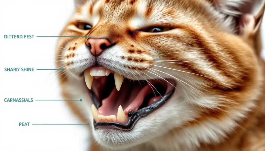 Close-up view of a cat's mouth and teeth, focusing on sharp canines and carnassials.