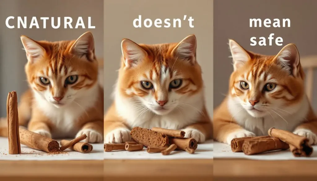 Split-frame image showing a cat sniffing cinnamon powder, baked goods, and a cinnamon stick.