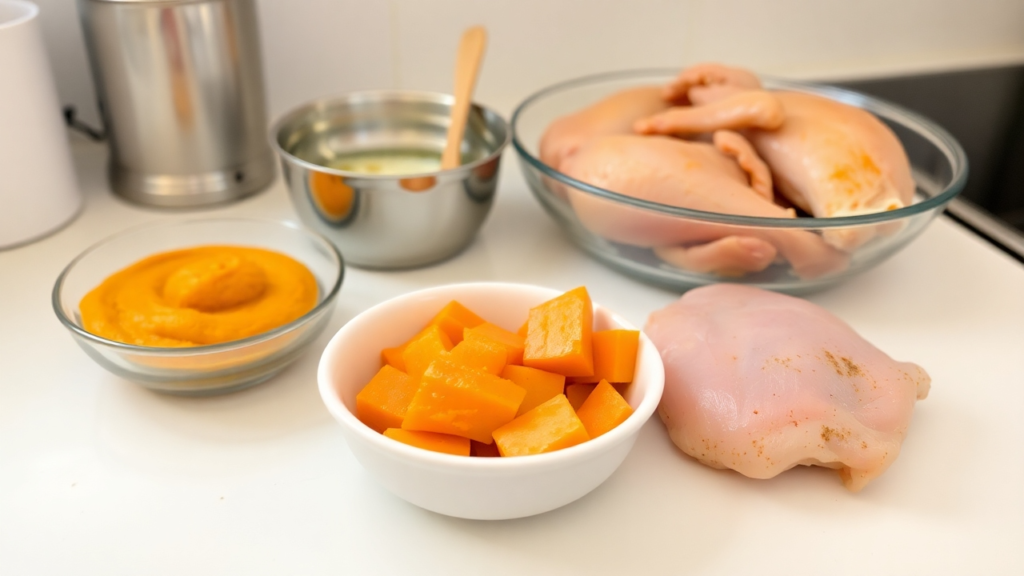 A homemade meal for cats with pumpkin puree, sweet potatoes, and boiled chicken on a kitchen counter.