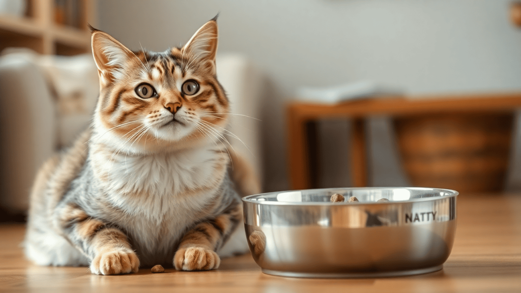 A well-groomed cat with a shiny coat sitting next to a bowl of nutritious, grain-free cat food in a cozy home setting.