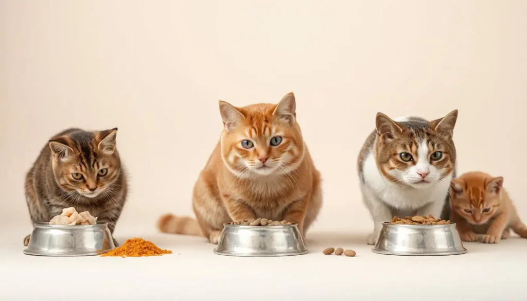 A visual timeline showing kittens, adult cats, and senior cats with bowls of tailored food containing chicken, pumpkin, and fish oil.