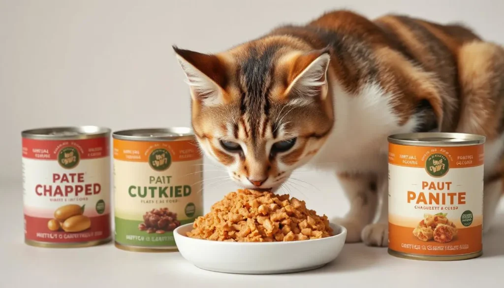 A curious cat sniffing an array of canned cat food options with diverse textures and flavors.