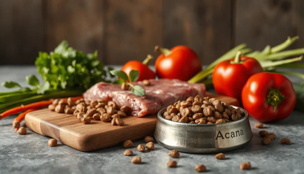 Fresh raw meats and vegetables beside a bowl of Acana cat food