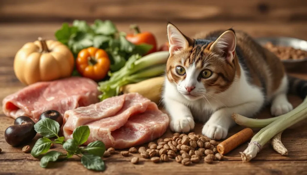 Fresh, high-quality ingredients for Fromm cat food including proteins, vegetables, and grains.