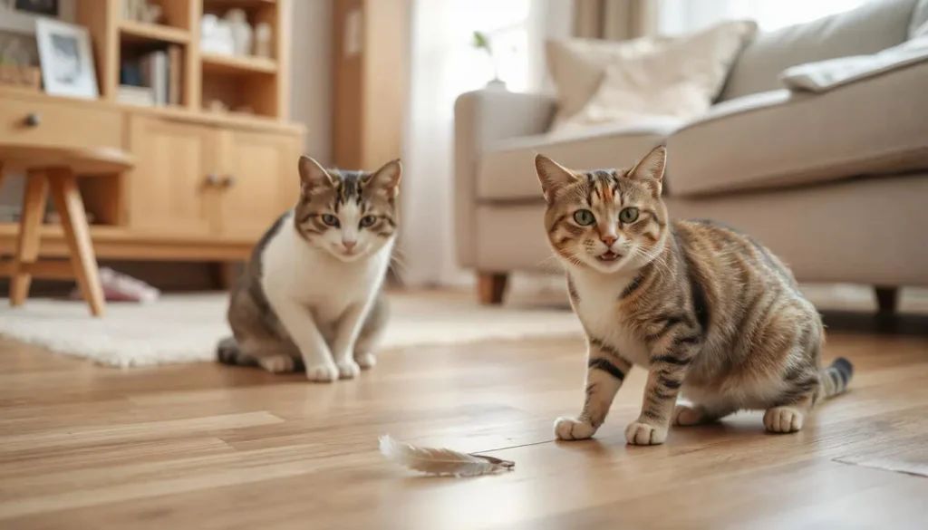 A clean living room with a cat playing with a feather toy, and sealed cracks visible.