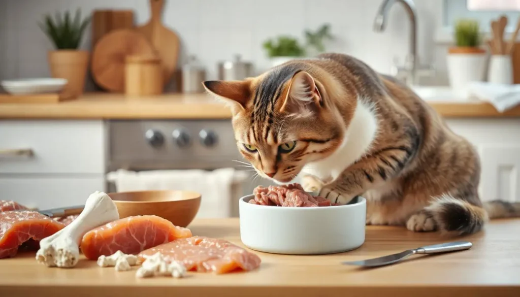 A healthy cat eating raw meat from a bowl in a clean kitchen with fresh ingredients like chicken, beef, and salmon nearby.