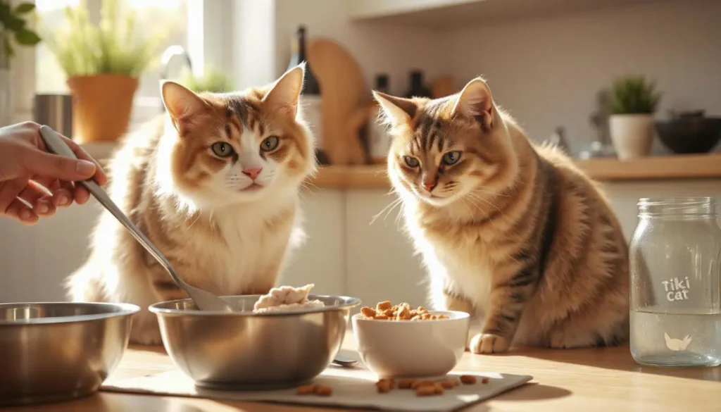 A kitchen scene showing Tiki Cat wet food being mixed with boiled chicken, with a curious cat watching.