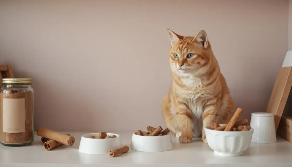  A cat with safe treats nearby while cinnamon is stored on a high shelf.