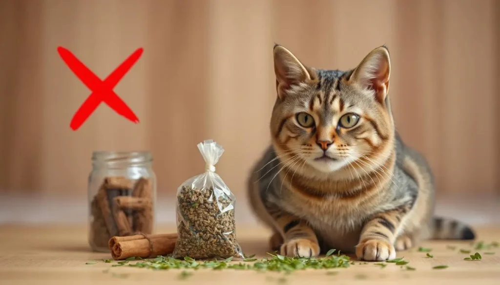 A cat enjoying catnip and cat grass, with a cinnamon jar crossed out in the background.