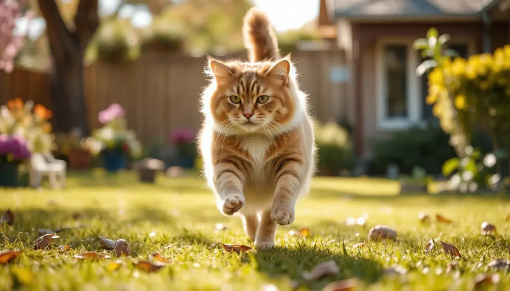 Healthy cat running in a sunny garden, showcasing a shiny coat and high energy.