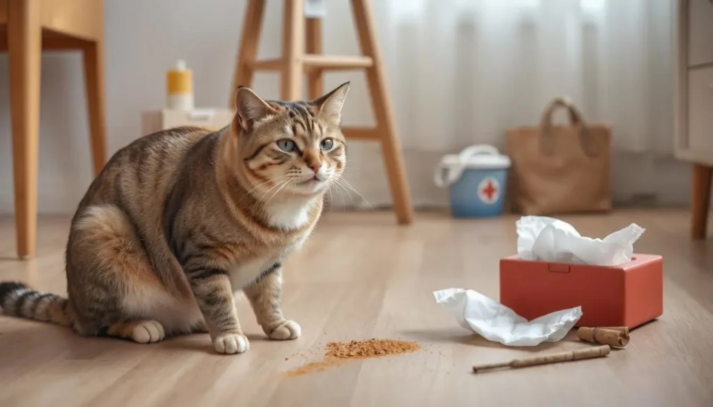 A sneezing cat near a pile of cinnamon powder on the floor.