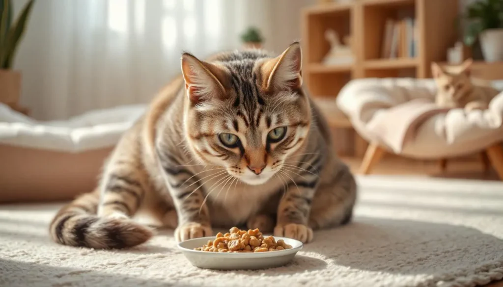 Senior cat eating specialized food for sensitive stomachs, such as Purina Beyond Sensitive Stomach Formula.