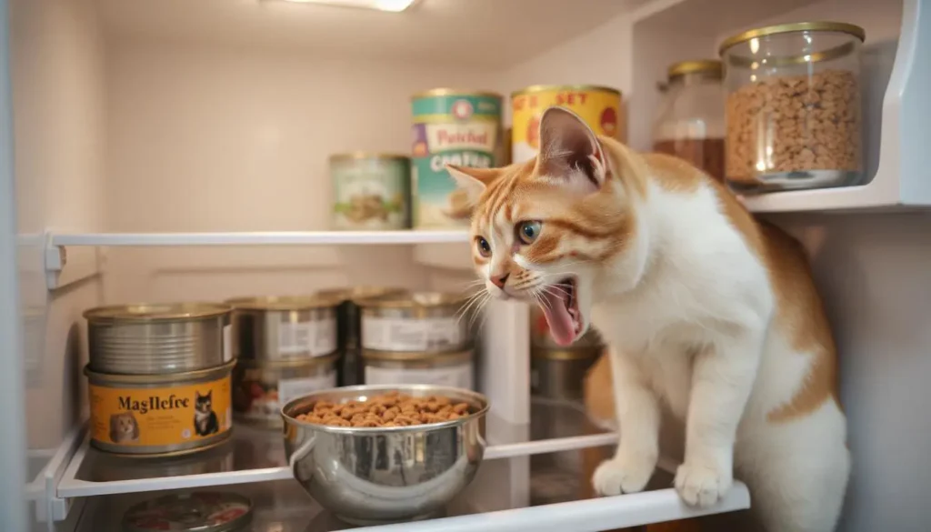 A well-organized refrigerator storing airtight containers of canned cat food, with a pet owner serving a fresh portion.