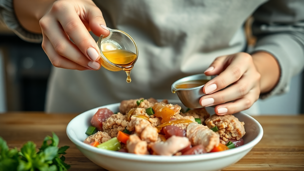 A cat owner adding natural supplements to a homemade cat meal, demonstrating how to make homemade cat food with balanced nutrition.