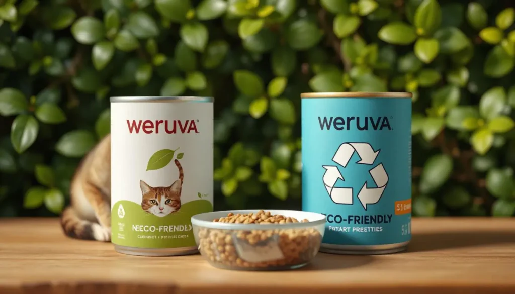 Weruva cat food can beside eco-friendly packaging, highlighting the brand’s commitment to sustainability.