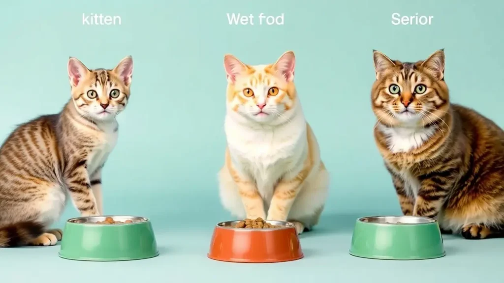 Three cats of different life stages near bowls of age-appropriate wet food in a cozy indoor space.