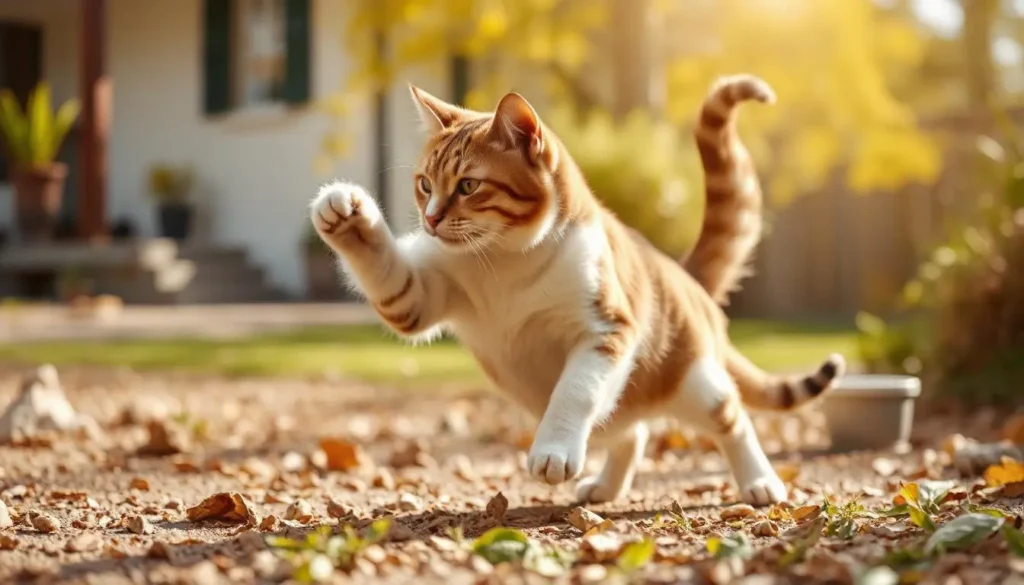 A muscular, healthy cat playing outdoors, showing the benefits of a high-protein diet