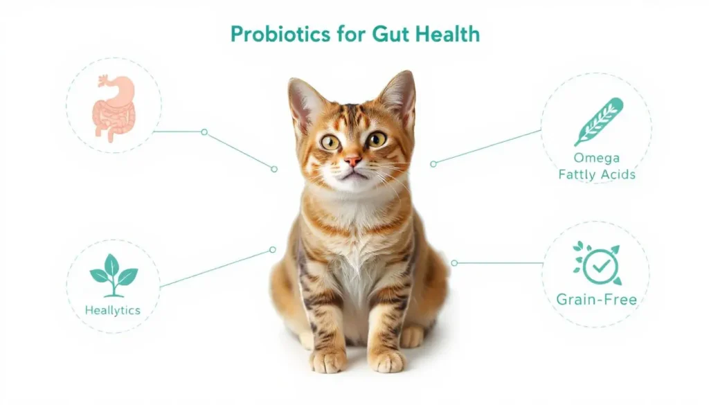  Infographic of Nulo Cat Food benefits like probiotics and omega fatty acids.