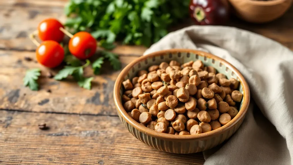 A natural bowl of grain-free wet cat food surrounded by herbs in a rustic setting.