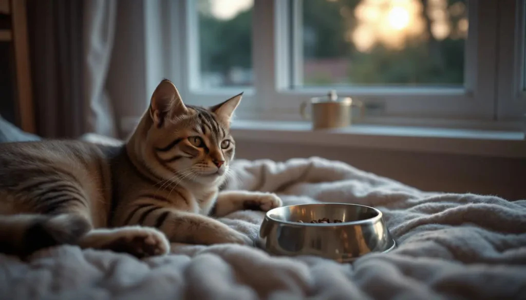 A calm cat resting on a plush bed next to a partially empty food bowl, bathed in evening light.