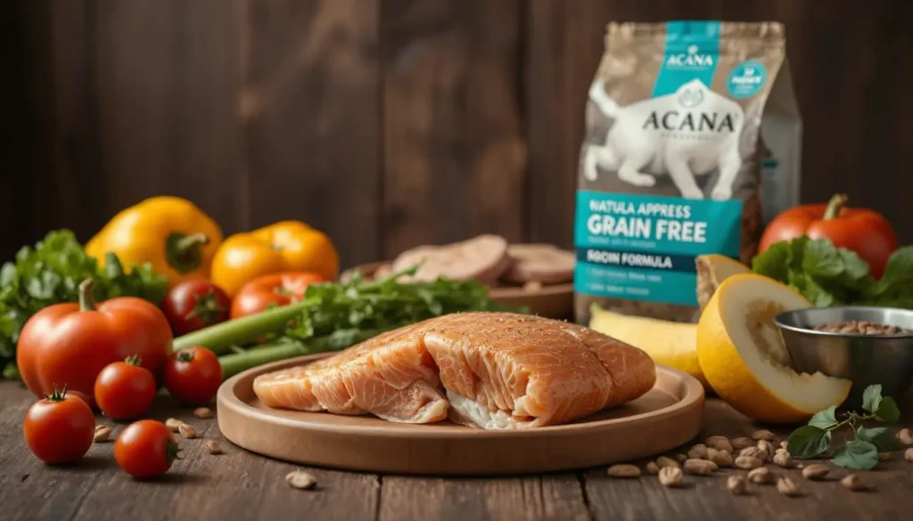 Fresh fish and poultry ingredients with Acana cat food packaging, highlighting the grain-free formula.