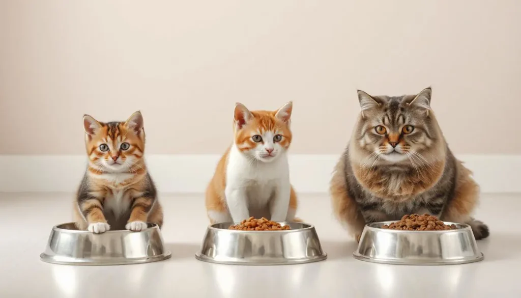 A kitten, adult cat, and senior cat, each beside food bowls containing age-appropriate meals, with a growth timeline infographic in the background.