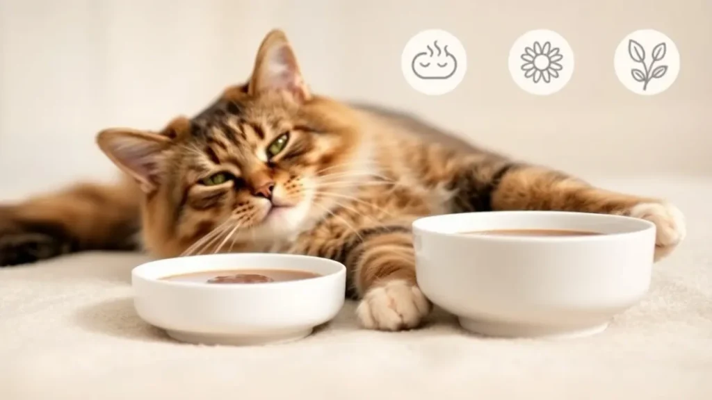 A calm, content cat lying near a bowl of simple wet food in a minimalist indoor setting.