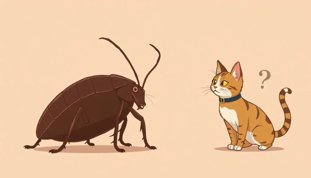 A humorous illustration of an oversized cockroach and a skeptical cat.