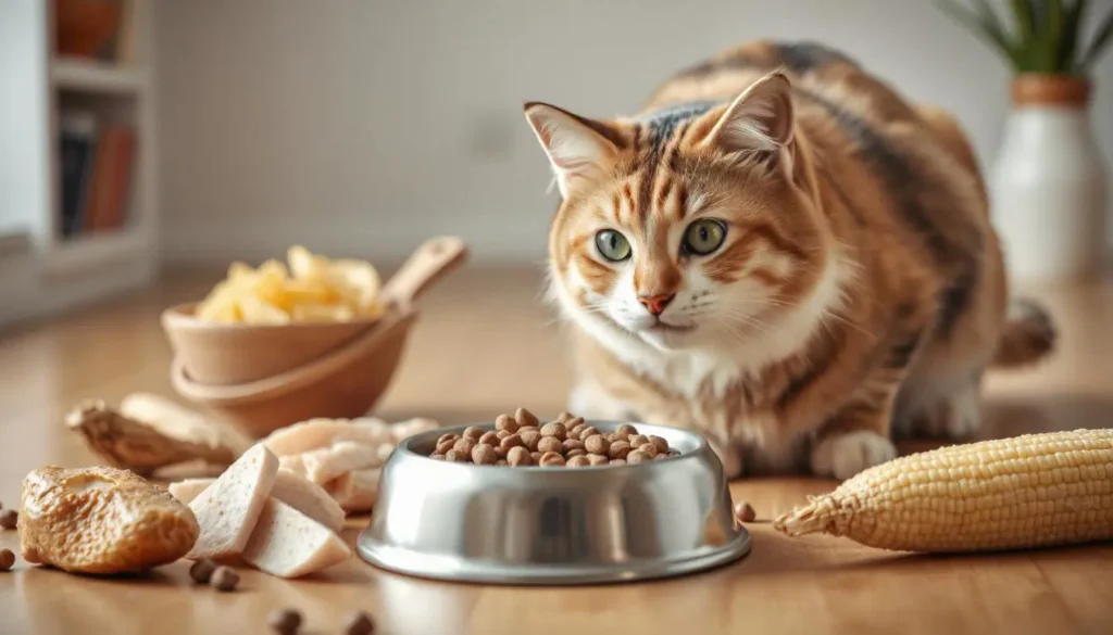 Grain-free cat food in a bowl, surrounded by protein-rich foods like chicken, turkey, and fish.