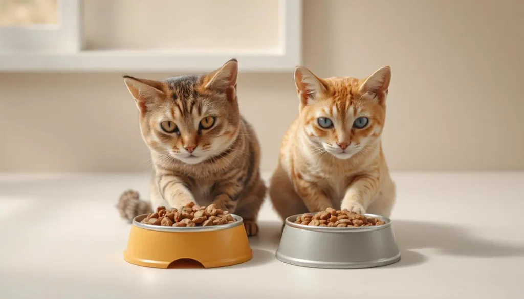 Side-by-side comparison of Tiki Cat wet food and Fancy Feast dry cat food, highlighting ingredient differences.