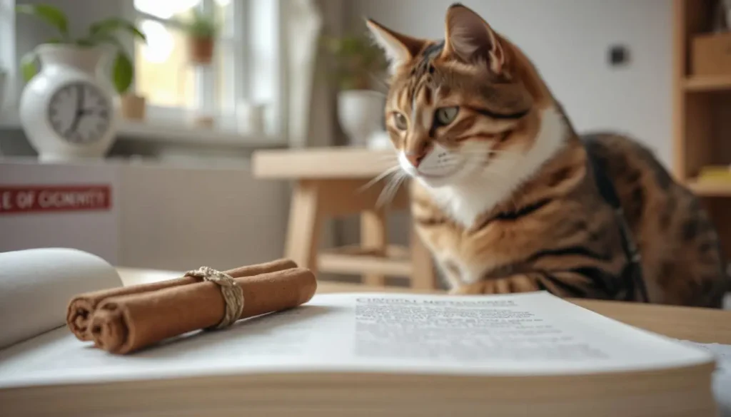 Close-up of cinnamon sticks next to a veterinary textbook with a cat in the background.
