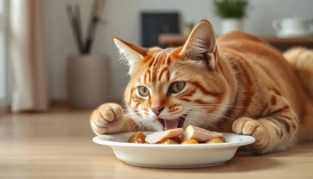 Active cat enjoying a high-protein meal, with visible ingredients like chicken and fish.