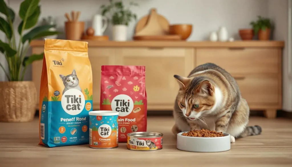 Tiki Cat wet food and dry food in vibrant packaging displayed on a kitchen counter with a happy cat eating nearby.