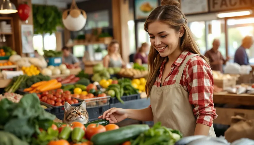 Shopper selecting fresh ingredients for homemade cat food at a local market.