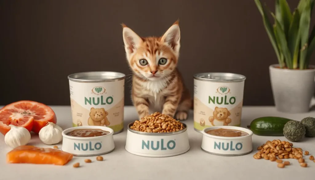 A variety of Nulo cat food products arranged with fresh ingredients.