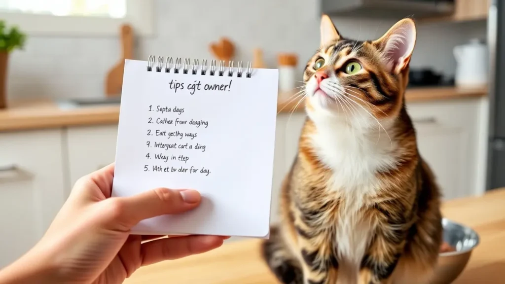 A notepad with a checklist of wet cat food tips, with a curious cat nearby looking up at it.