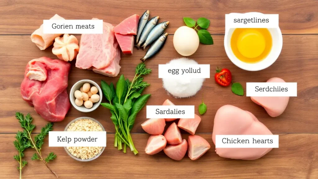 A flat-lay view of natural cat food ingredients like organ meats, sardines, eggs, kelp powder, and chicken hearts neatly displayed on a wooden table.