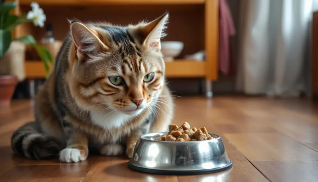 A senior cat eating wet cat food from a bowl, symbolizing a healthy transition to a new diet.