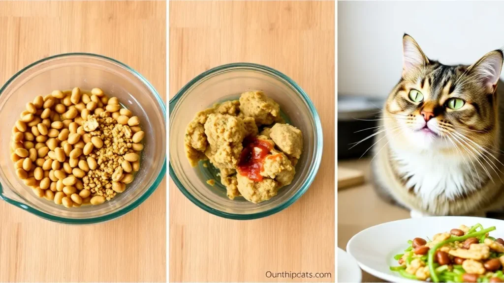 A sequence of three images showing a gradual transition from commercial to homemade cat food, ending with a happy cat eating a fresh meal.
