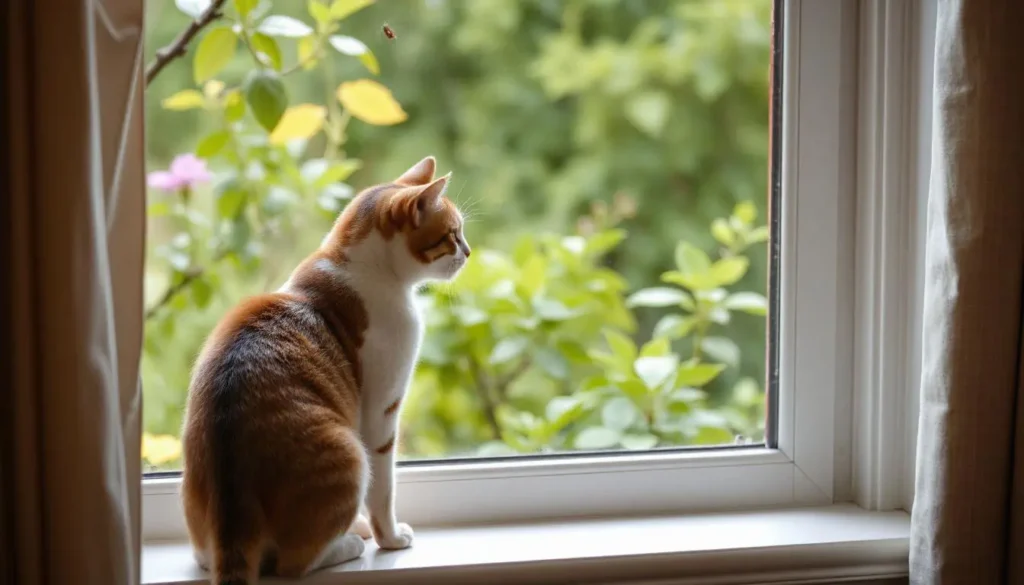 A cat perched on a window sill, watching bugs outside in a garden.