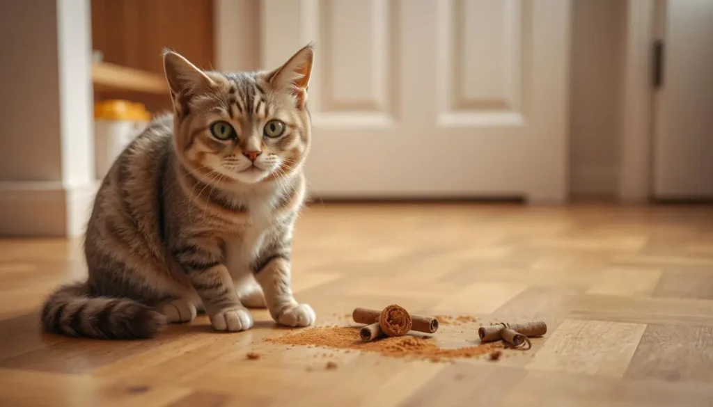 A cat sitting near spilled cinnamon powder with a warning symbol.