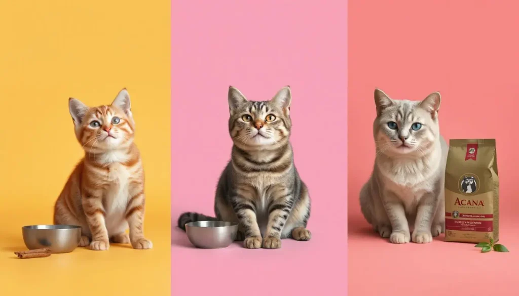 "A playful kitten, healthy adult cat, and restful senior cat, each representing different life stages, with Acana cat food packaging beside them.