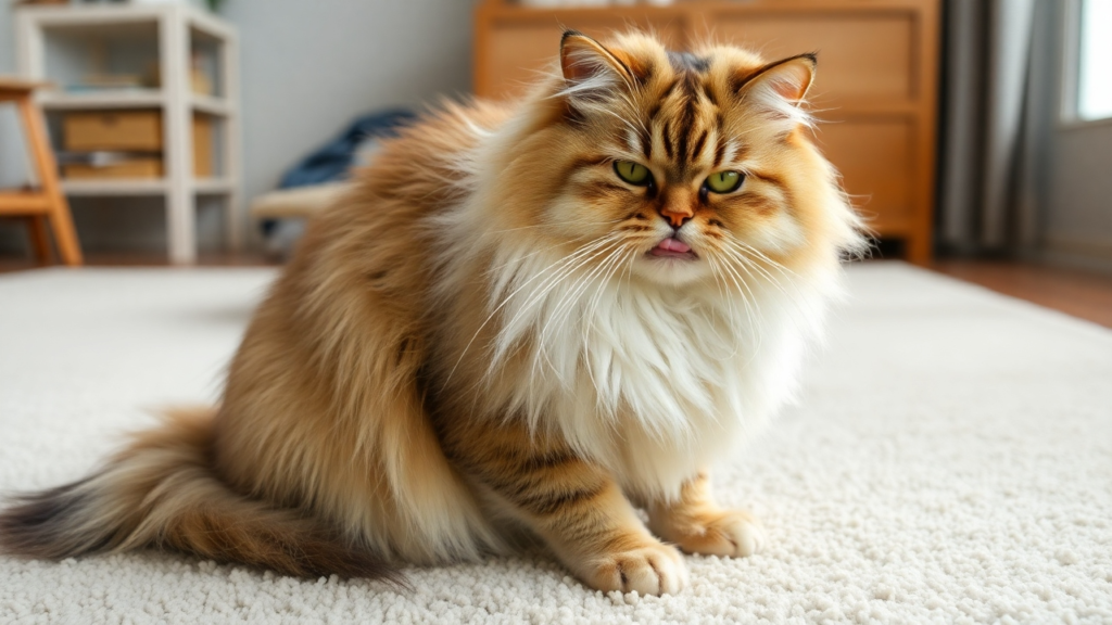 A Persian cat mid-grooming, appearing slightly uncomfortable on a soft carpet.