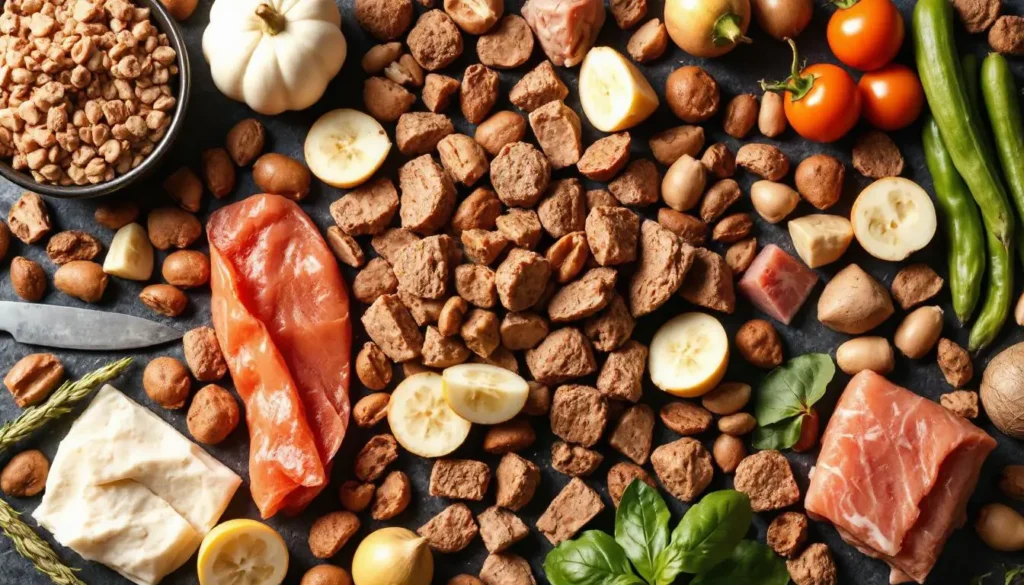 Close-up of high-quality animal proteins and fresh ingredients like meat and fish, showcasing Acana cat food's commitment to biologically appropriate ingredients.