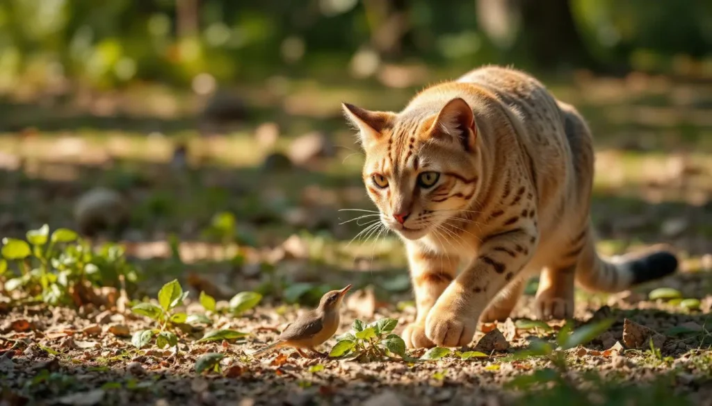 A wild cat hunting prey in a natural environment, with labels for key nutrients.