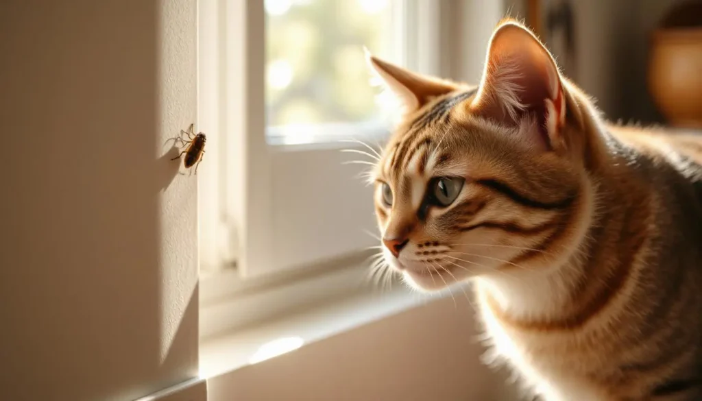 A domestic cat watching a bug on the wall with intense focus.