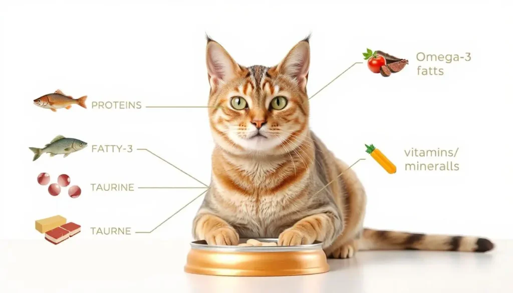 Infographic showing a cat’s dietary needs, including proteins, fats, and essential vitamins.